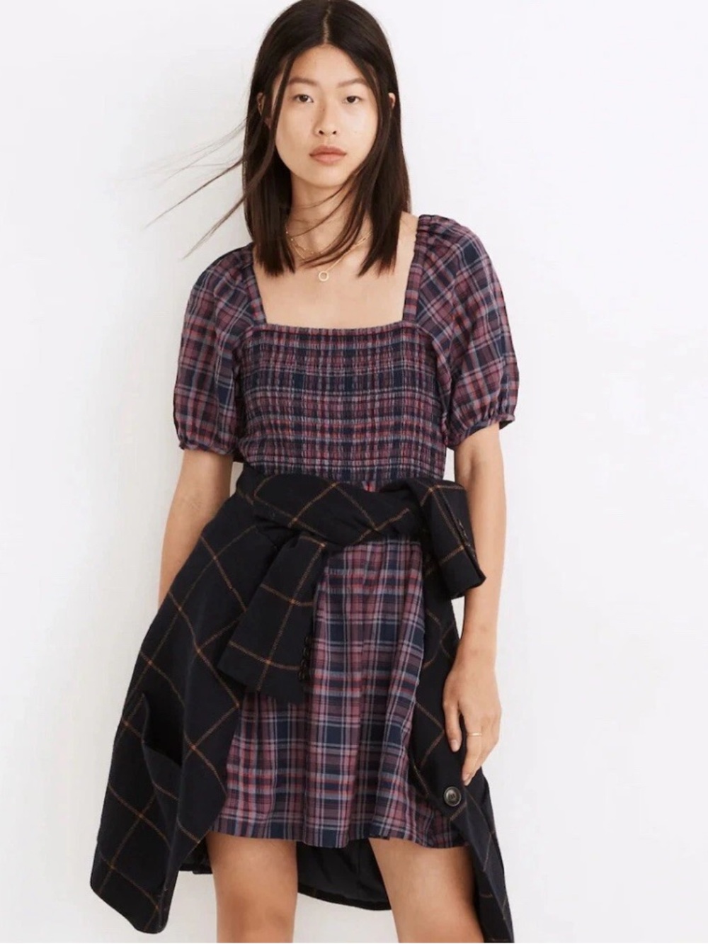Madewell Plaid Lucie Puff-Sleeve Smocked Mini Dress in Rockfern Size Small